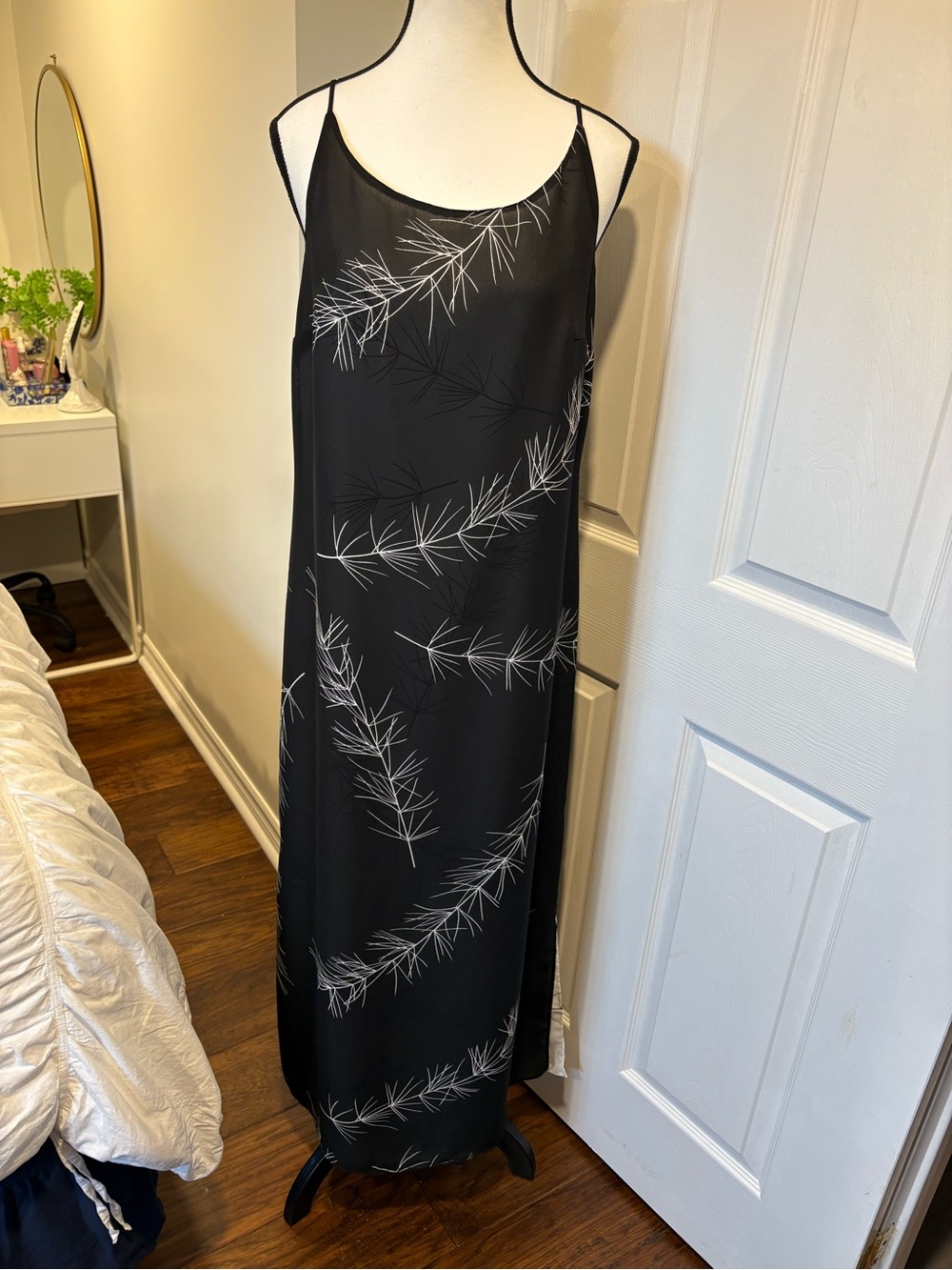 Vintage 90s Black Botanical Maxi Slip Dress Size 14 Made in Canada
